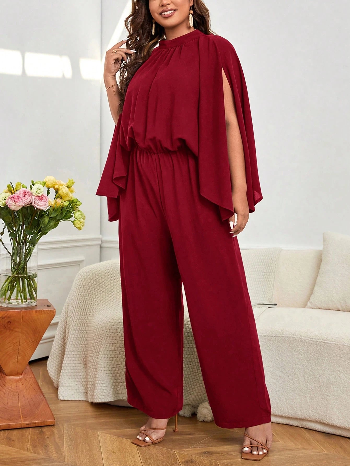 Macacão Pantalona Plus Size Elegante Manga Esvoaçante