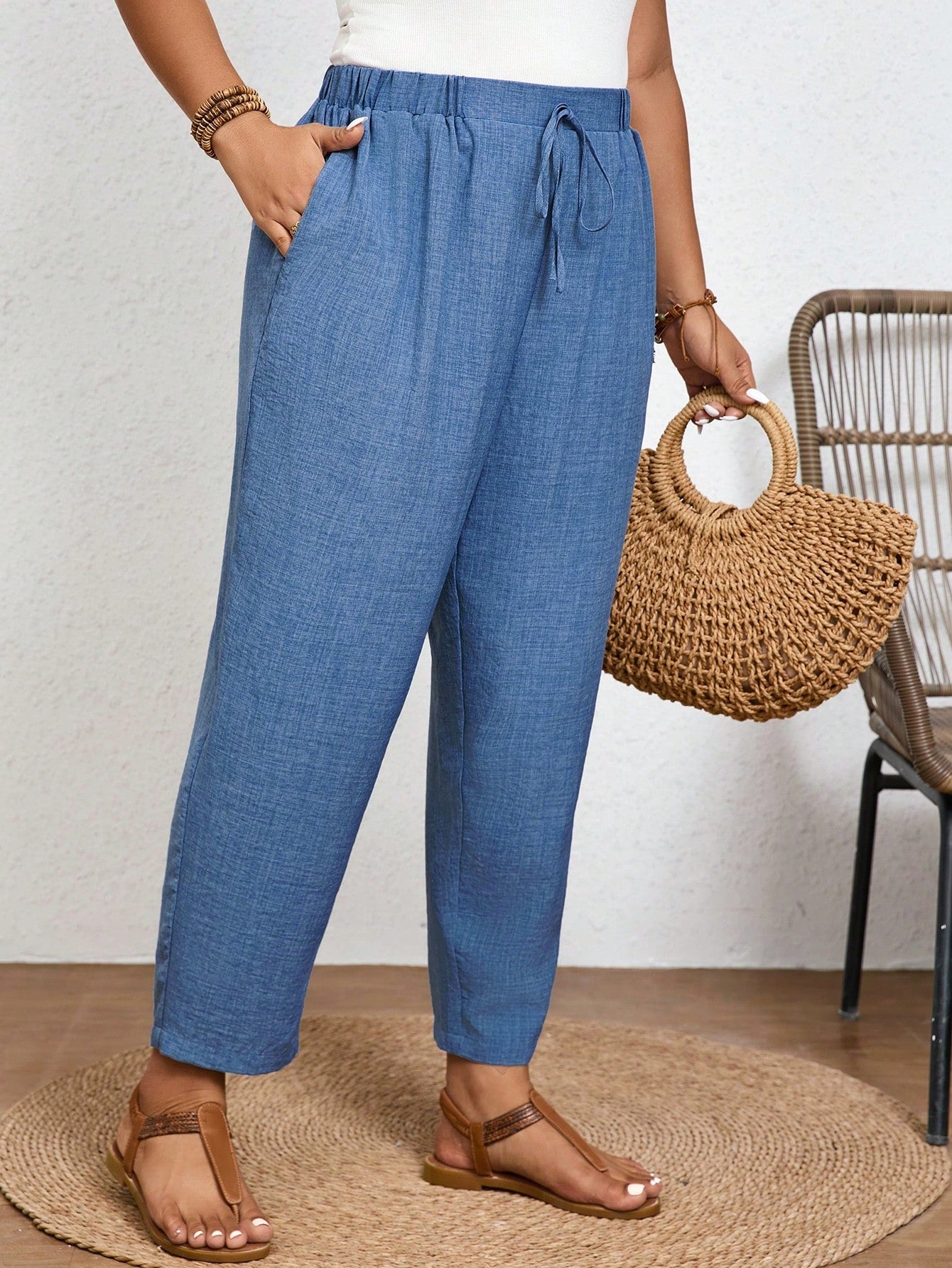 Calça Plus Size Feminina de Linho com Cintura Elástica