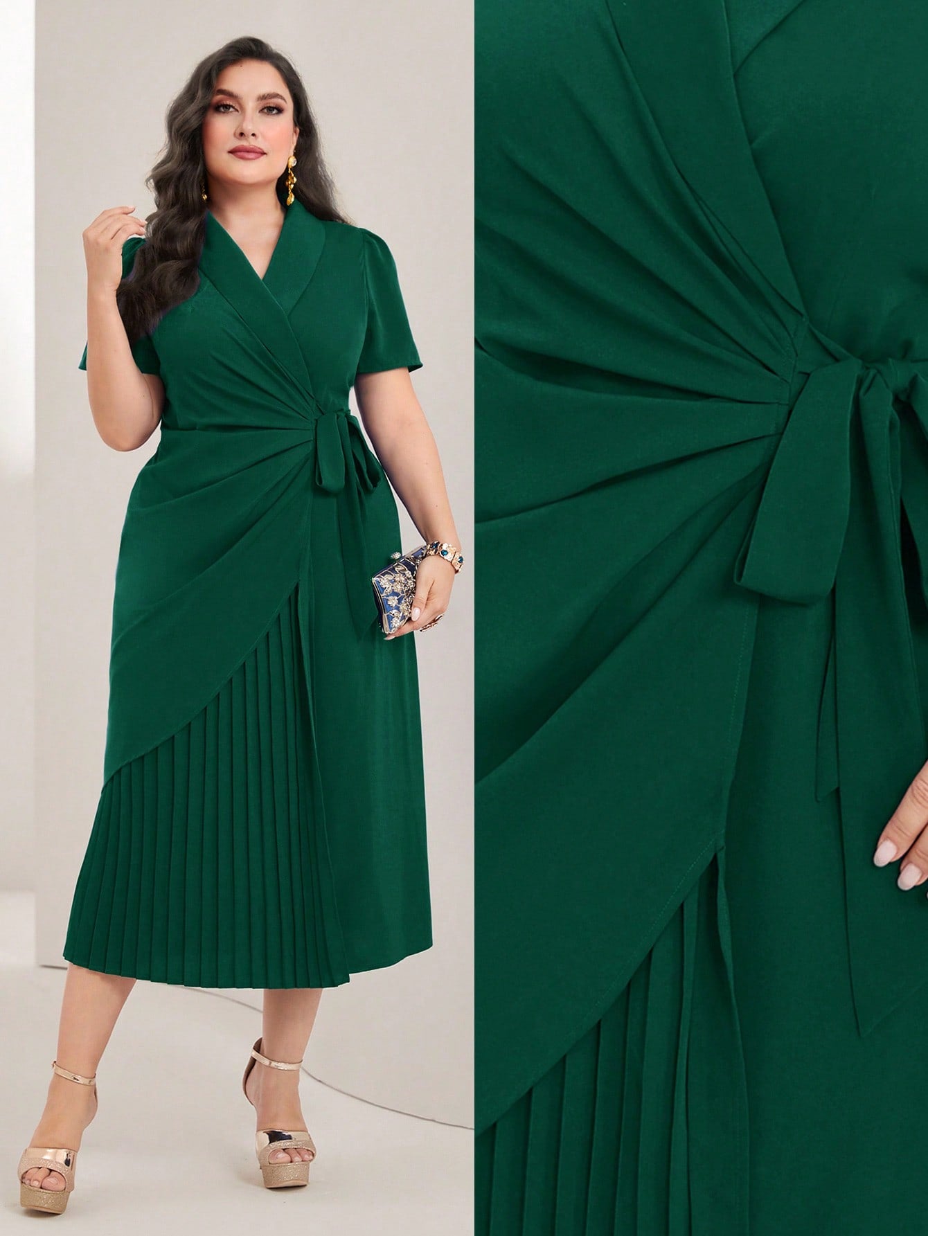 Vestido Midi Plus Size Elegante Decote V Plissado