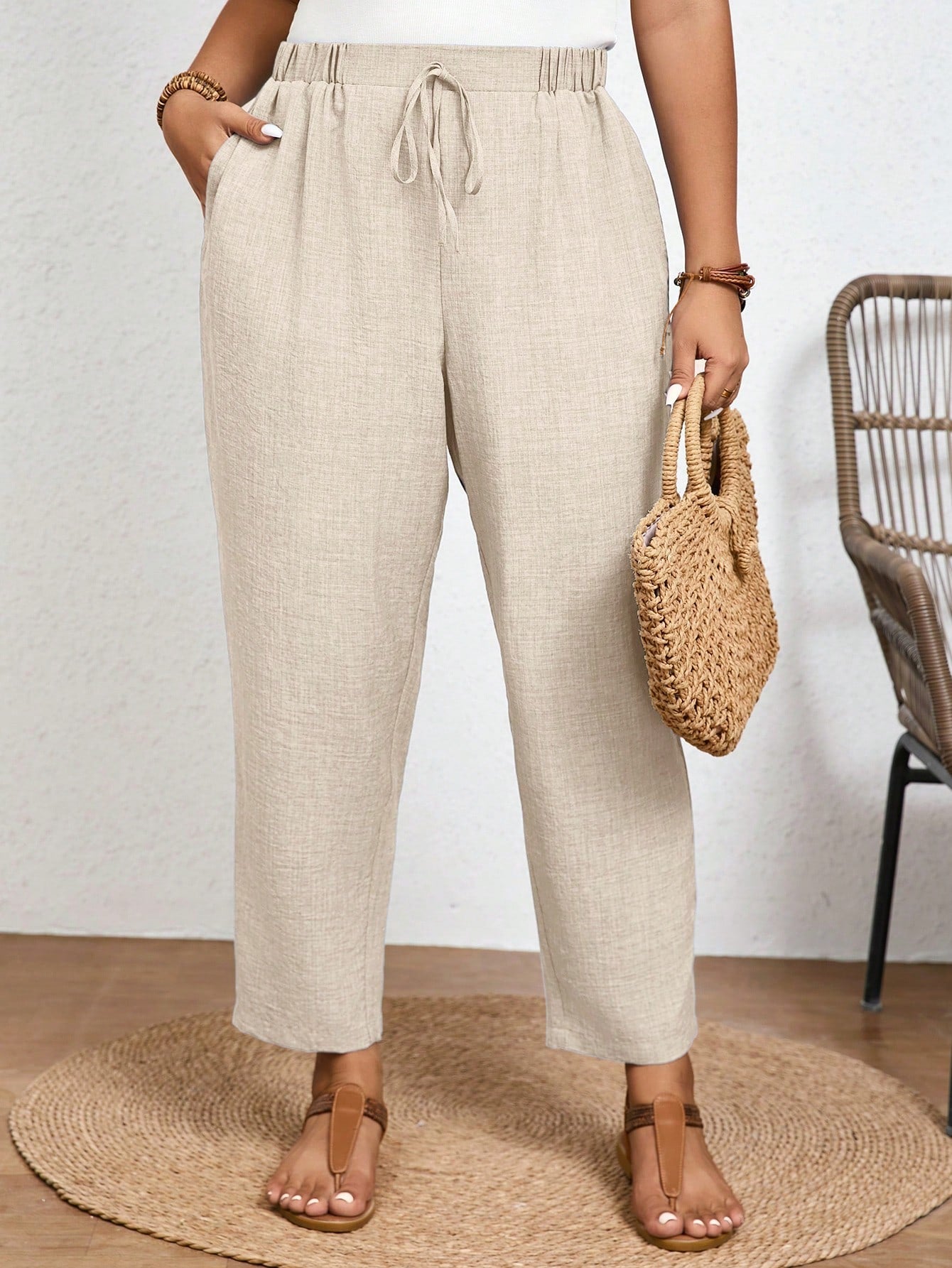 Calça Plus Size Feminina de Linho com Cintura Elástica