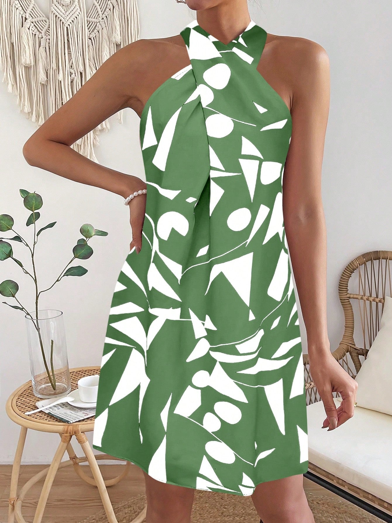 Vestido Feminino Elegante Gola Cruzada Geométrico