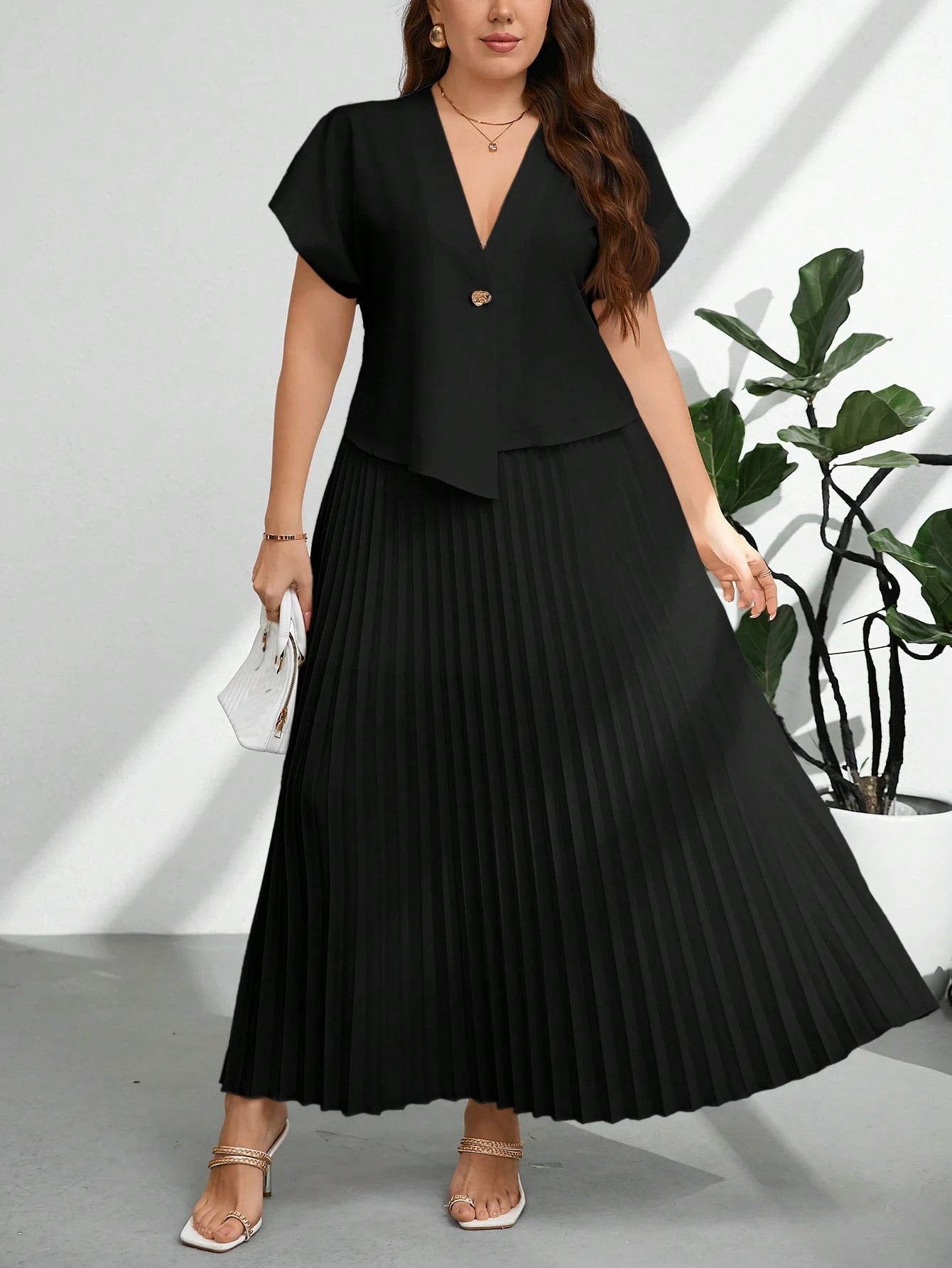 Conjunto Social Elegante Plus Size Blusa e Saia Plissada