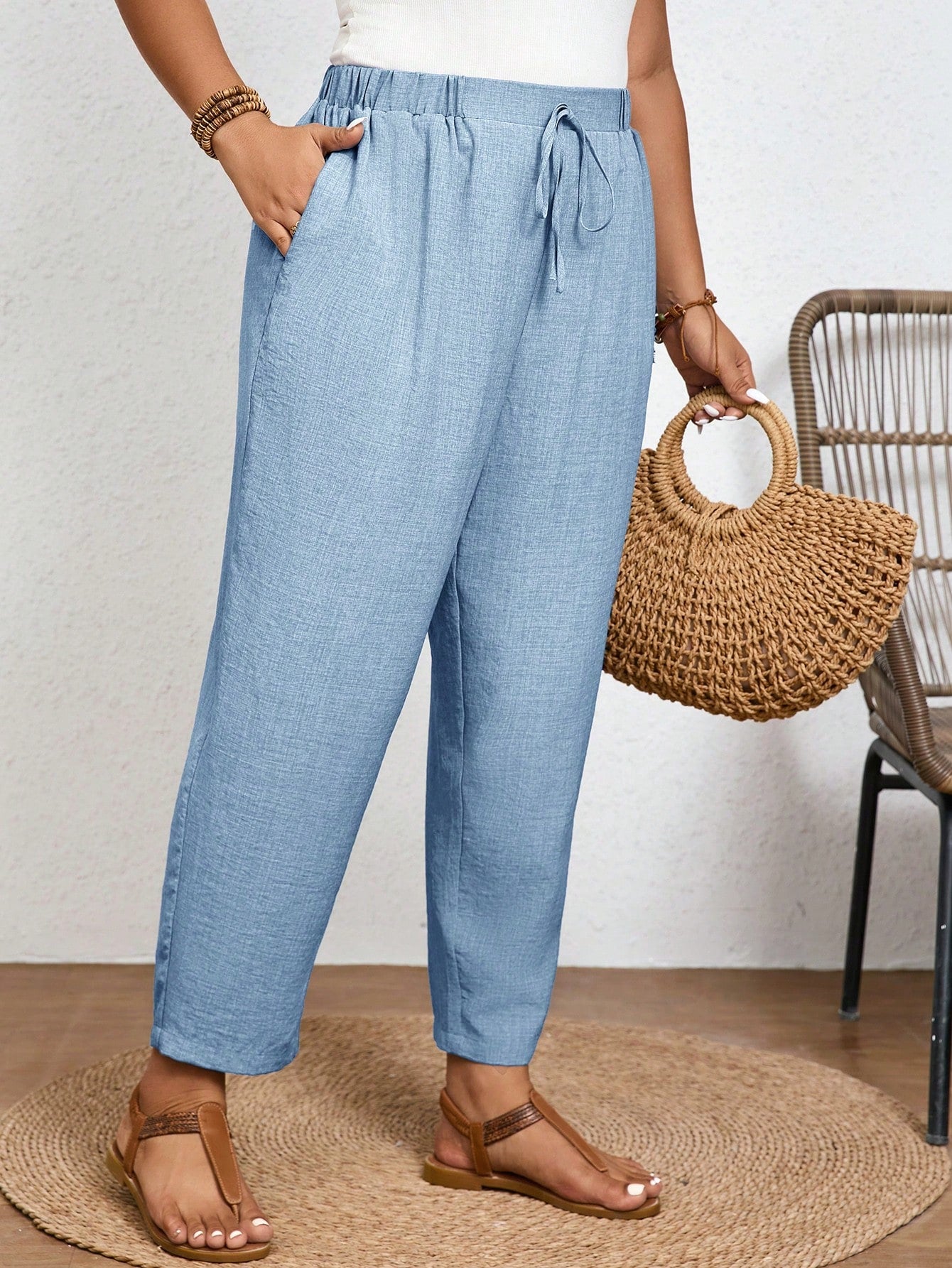 Calça Plus Size Feminina de Linho com Cintura Elástica