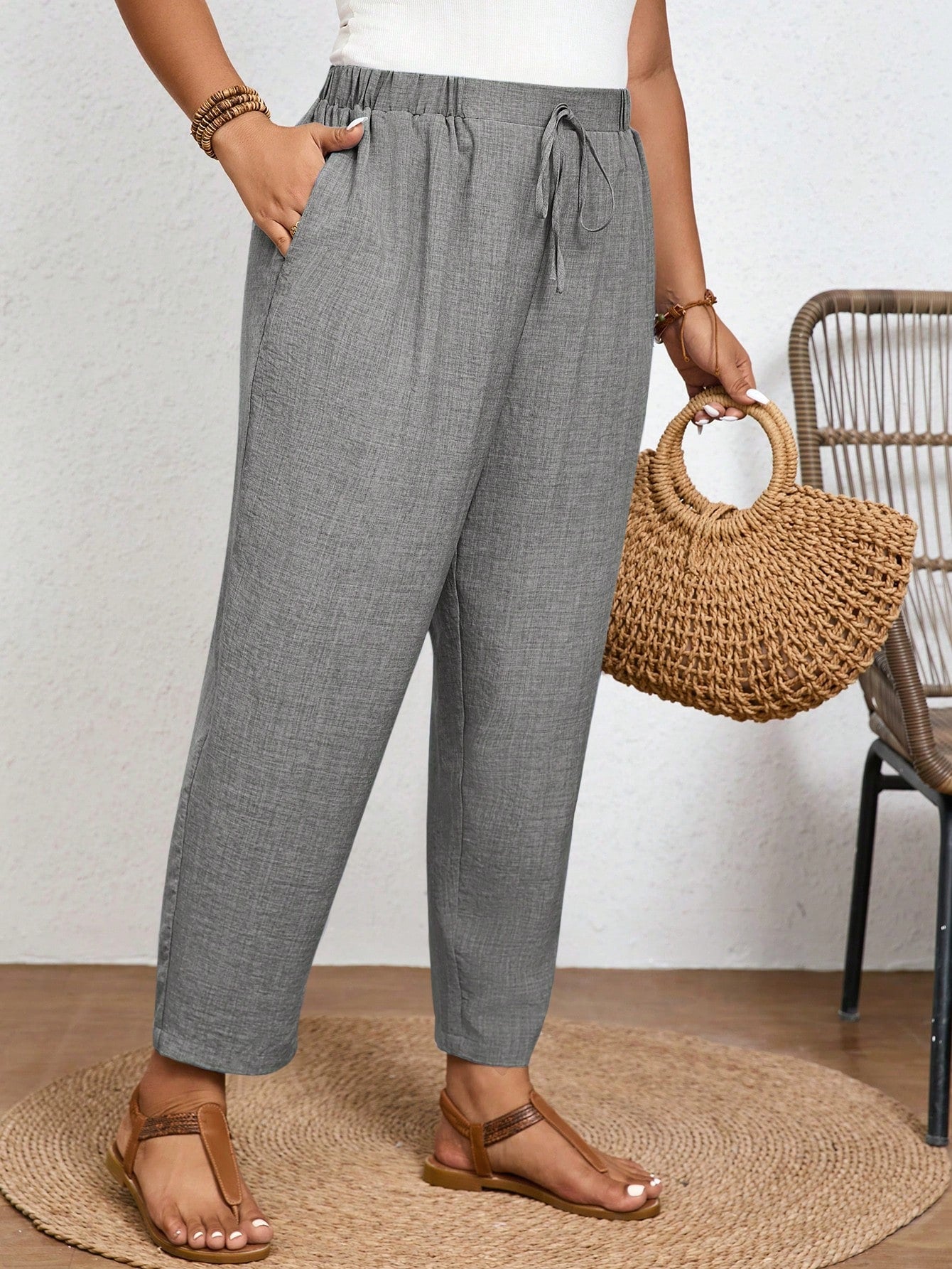 Calça Plus Size Feminina de Linho com Cintura Elástica