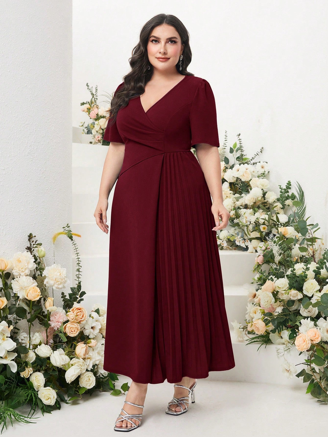 Vestido Social Plus Size Midi Feminino Plissado
