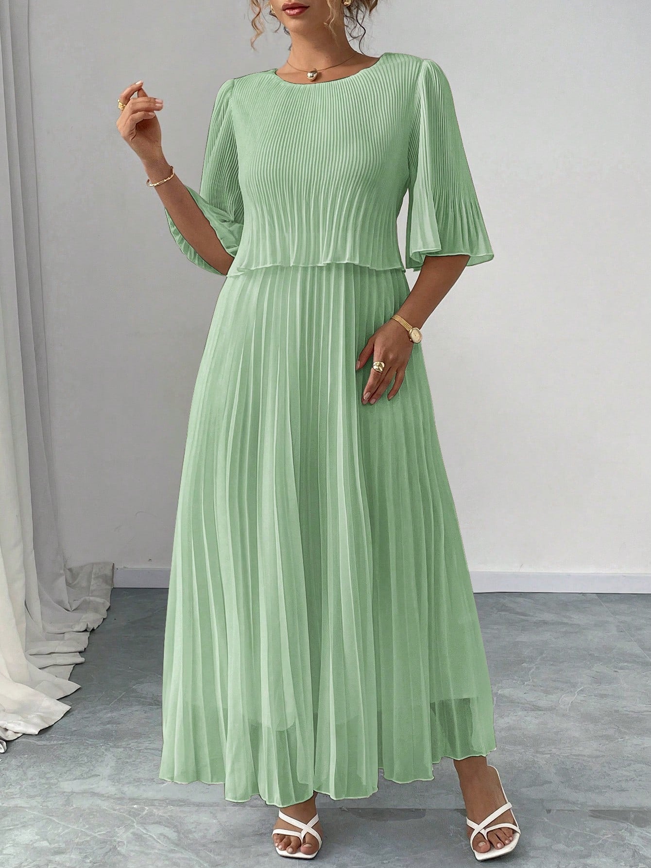 Vestido Longo Plus Size Para Casamento Chiffon Plissado