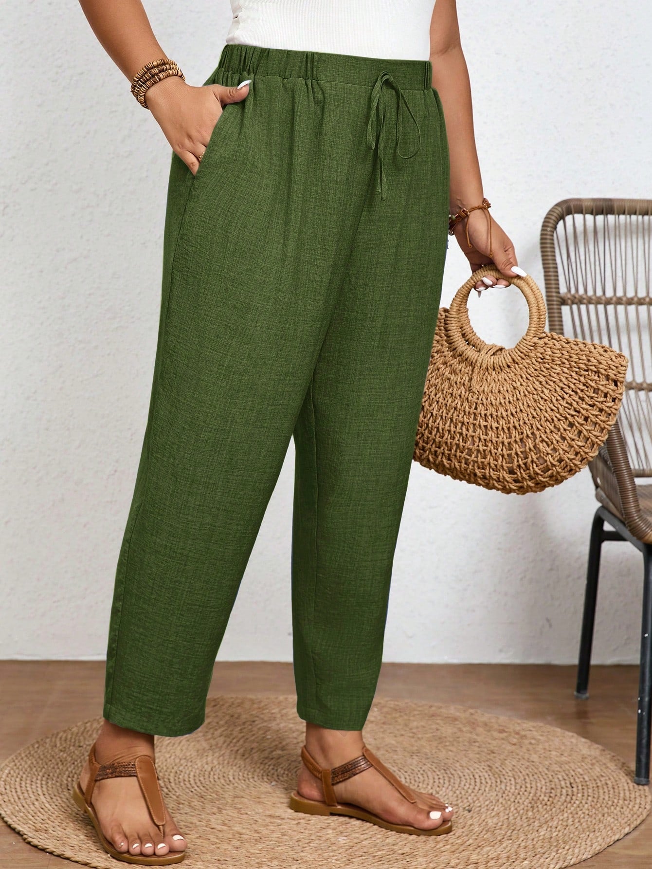 Calça Plus Size Feminina de Linho com Cintura Elástica