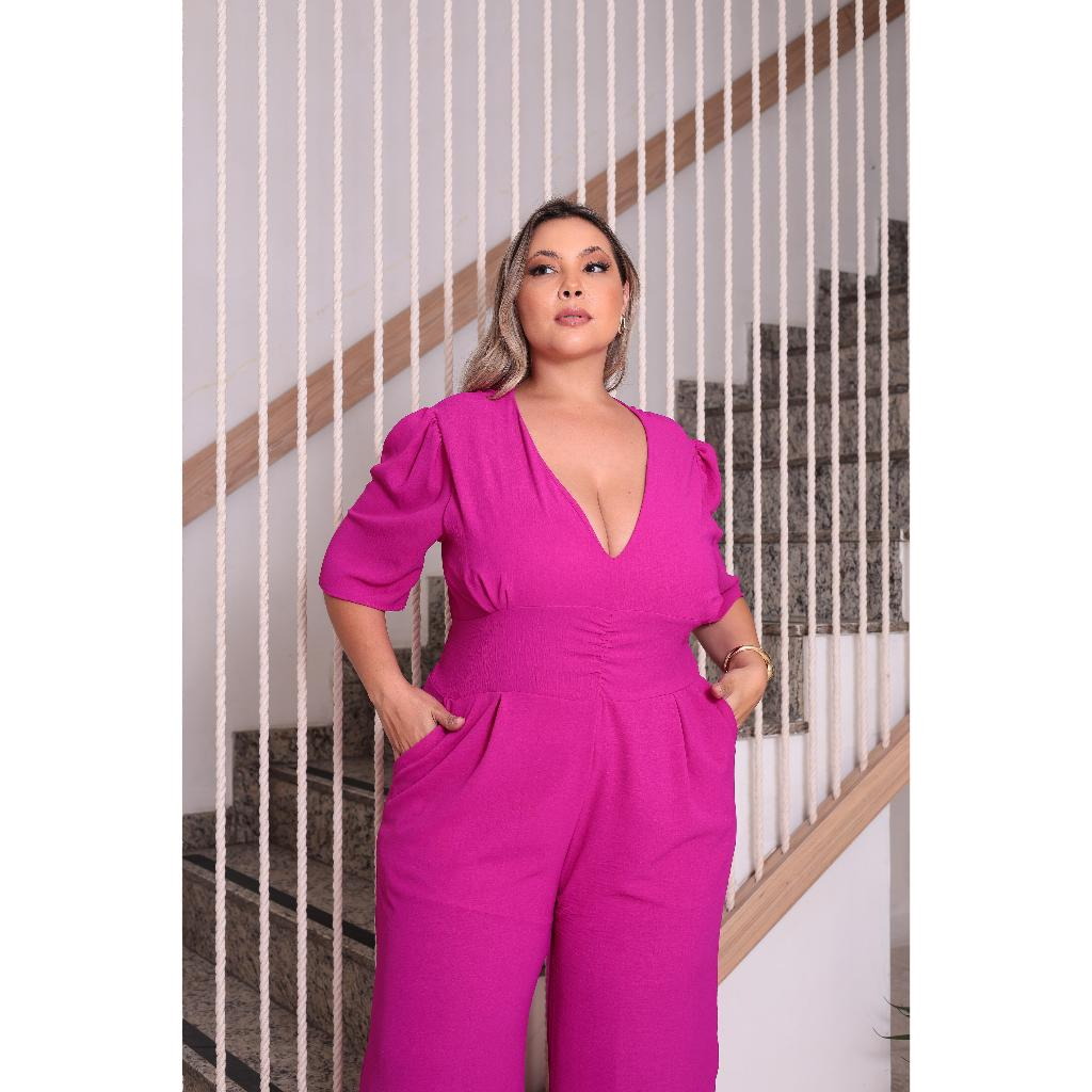Macacão Pantalona Plus Size Modelador Manga Curta