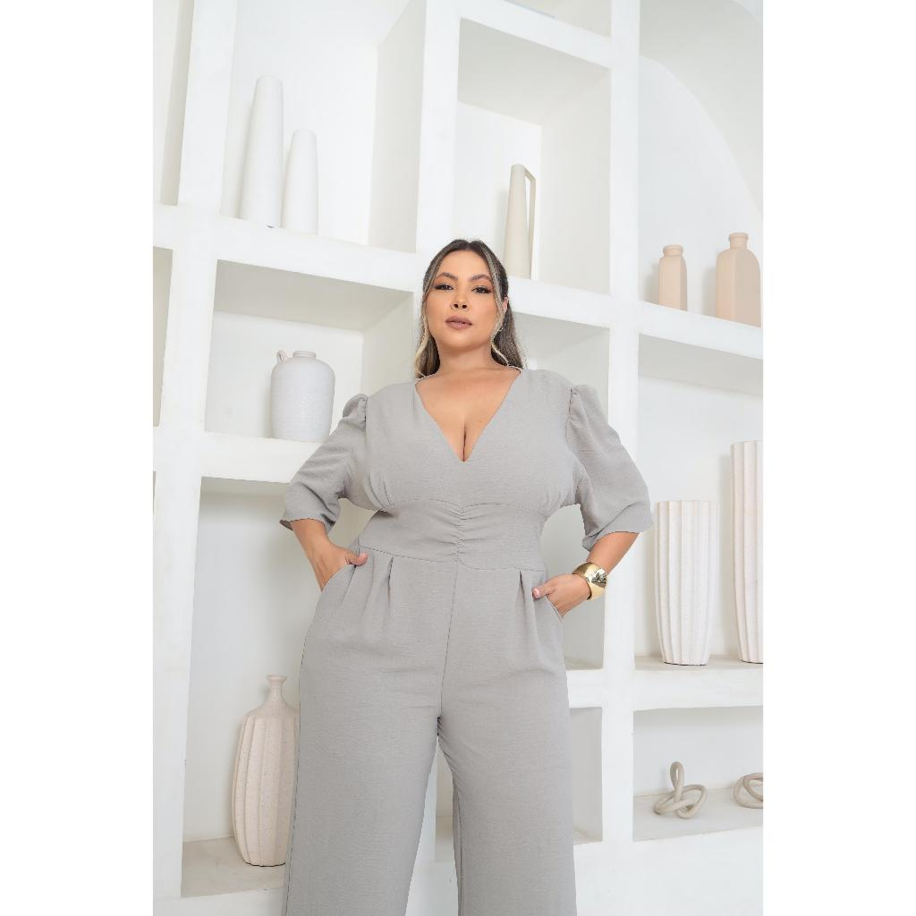 Macacão Pantalona Plus Size Modelador Manga Curta