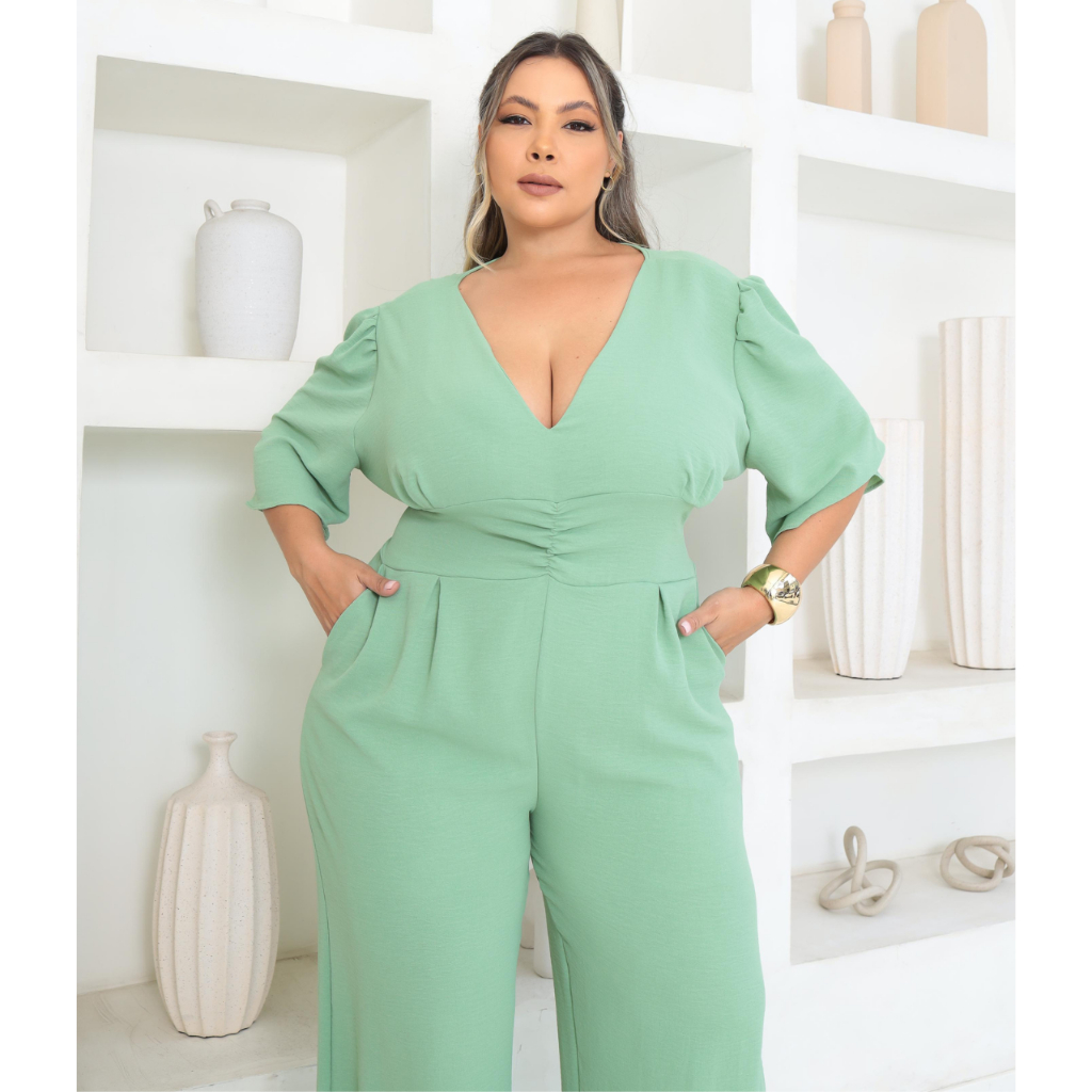 Macacão Pantalona Plus Size Modelador Manga Curta
