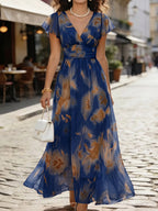 Balvessa Vestido de Chiffon Leve Romântico Elegante com Cintura Marcada Estilo Francês Vintage Manga com Babados Comprimento Médio para Mulheres