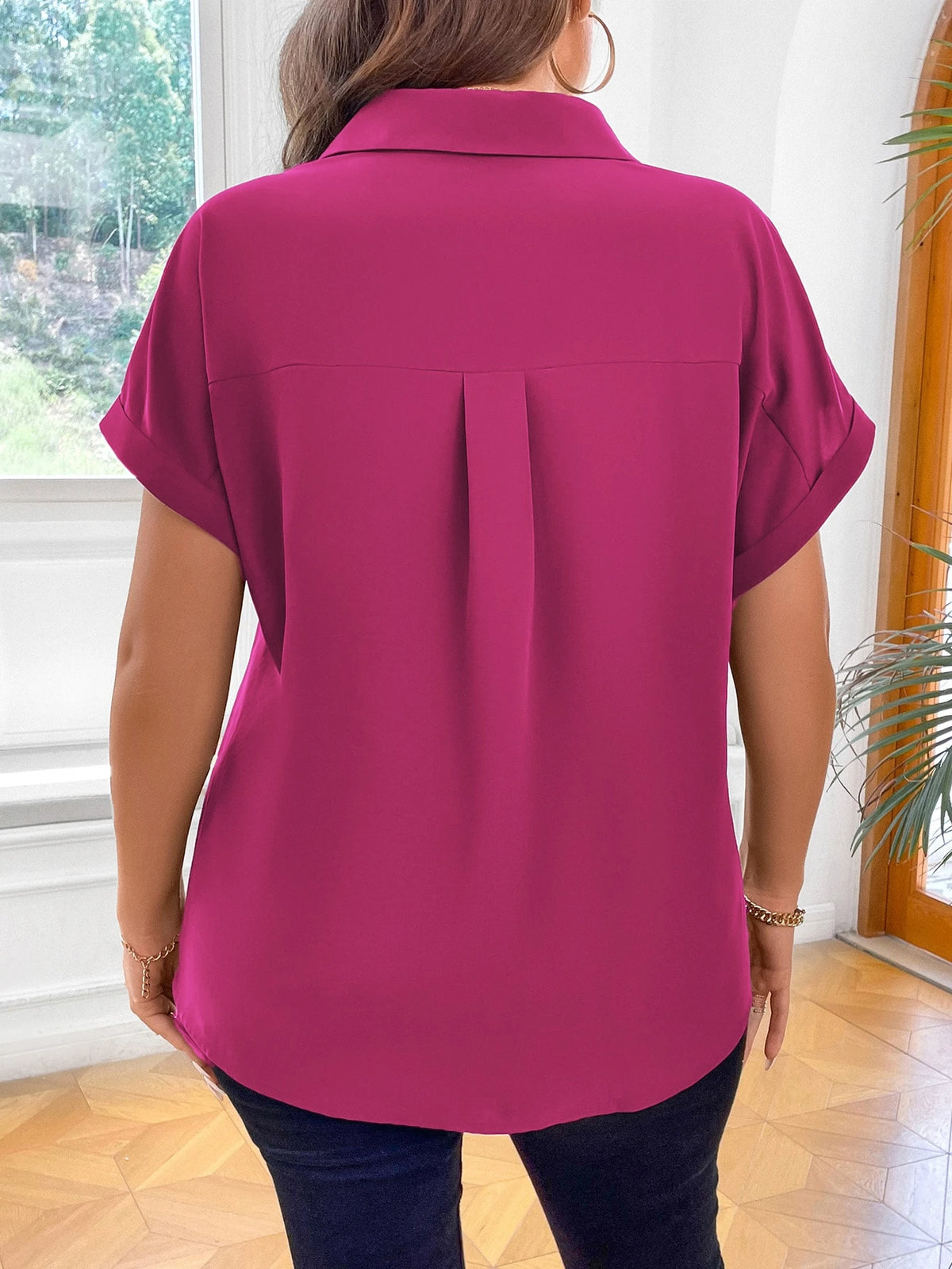 Vionelle Camisa casual e casual de Plus Size com mangas morcego sólidas para o verão feminina