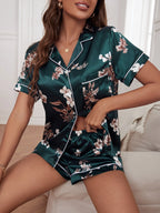 Pijama de Cetim Feminino Estilo Americano Floral Short e Blusa