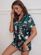 Pijama de Cetim Feminino Estilo Americano Floral Short e Blusa