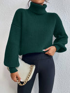 Suéter Feminino de Tricô com Gola Alta e Manga Bufante
