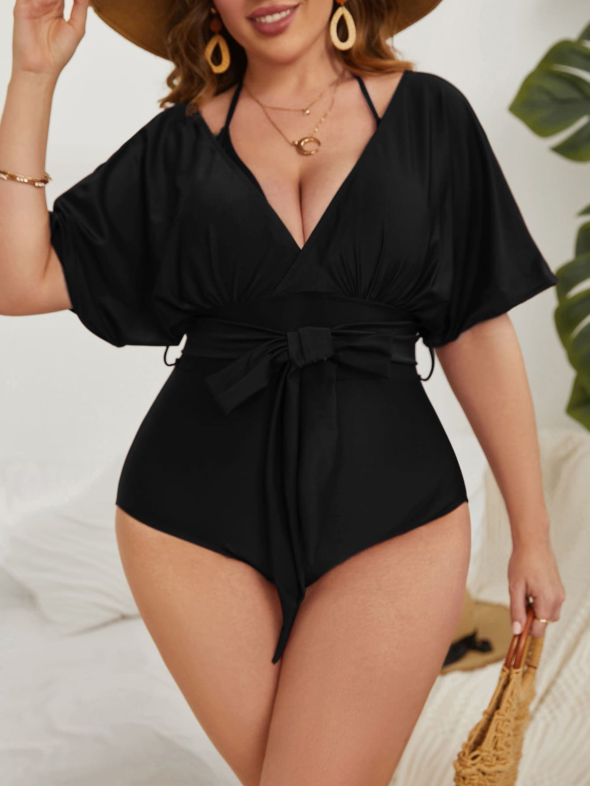 Maiô Plus Size Feminino com Manga e Cinto Cherry Modas