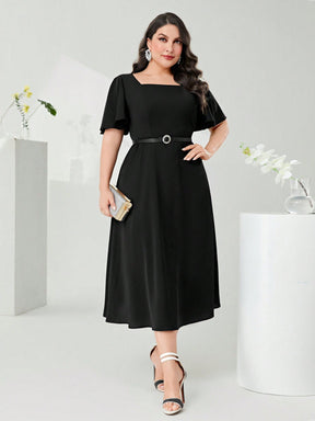 Vestido Midi Plus Size Feminino Gola Quadrada Preto Cherry Modas