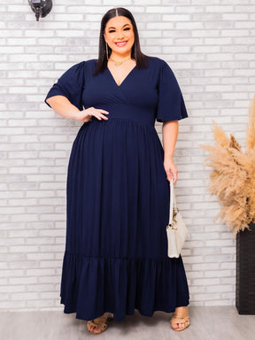 Vestido Plus Size Longo Saia com Babado 3 Manga Curta