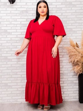 Vestido Plus Size Longo Saia com Babado 3 Manga Curta
