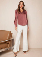 Camisa Feminina Elegante Manga Longa Bufante Não Amassa