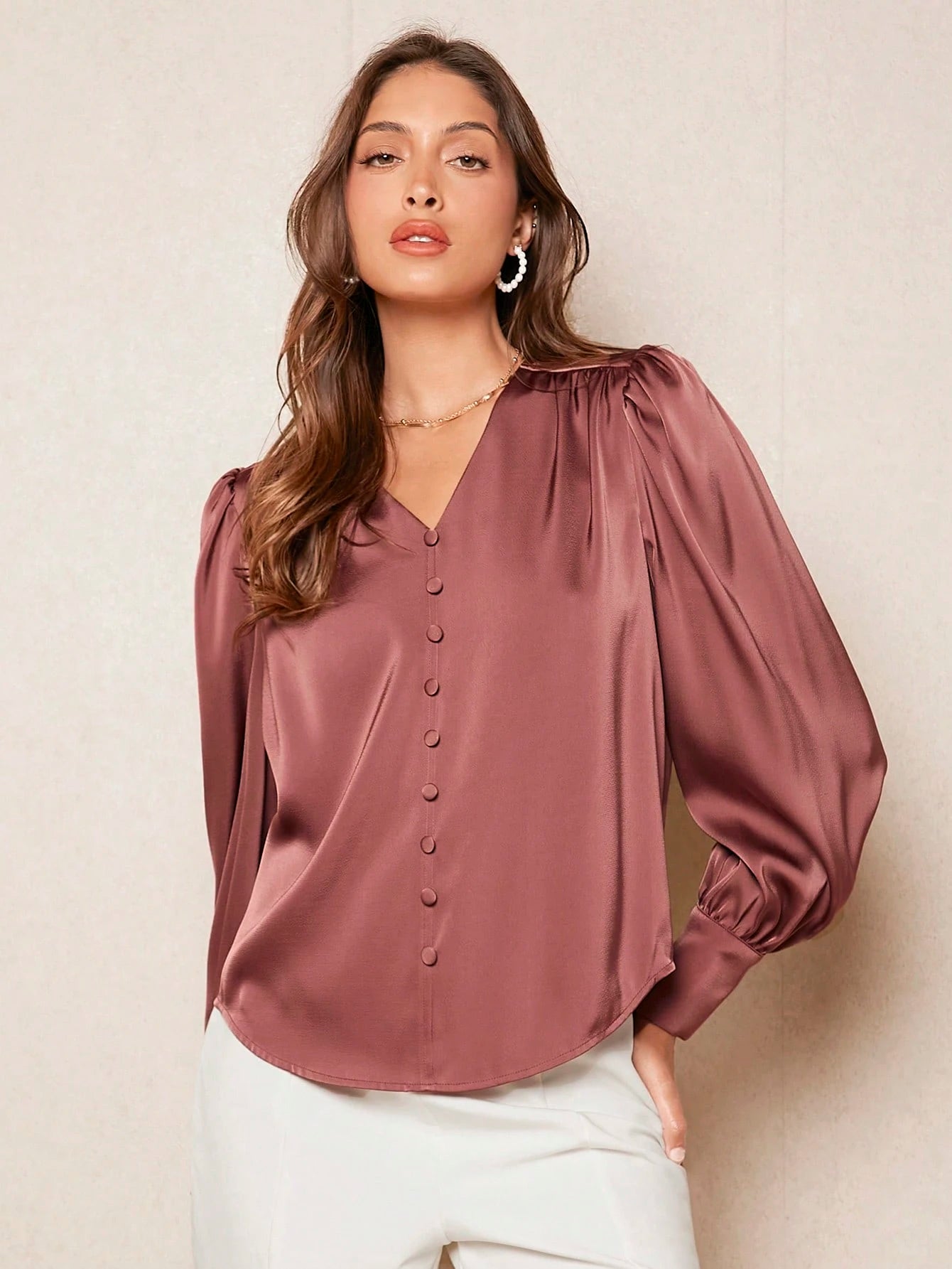 Camisa Feminina Elegante Manga Longa Bufante Não Amassa