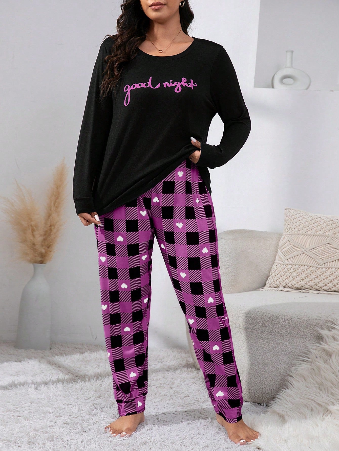 Pijama Plus Size Feminino Xadrez Manga Comprida