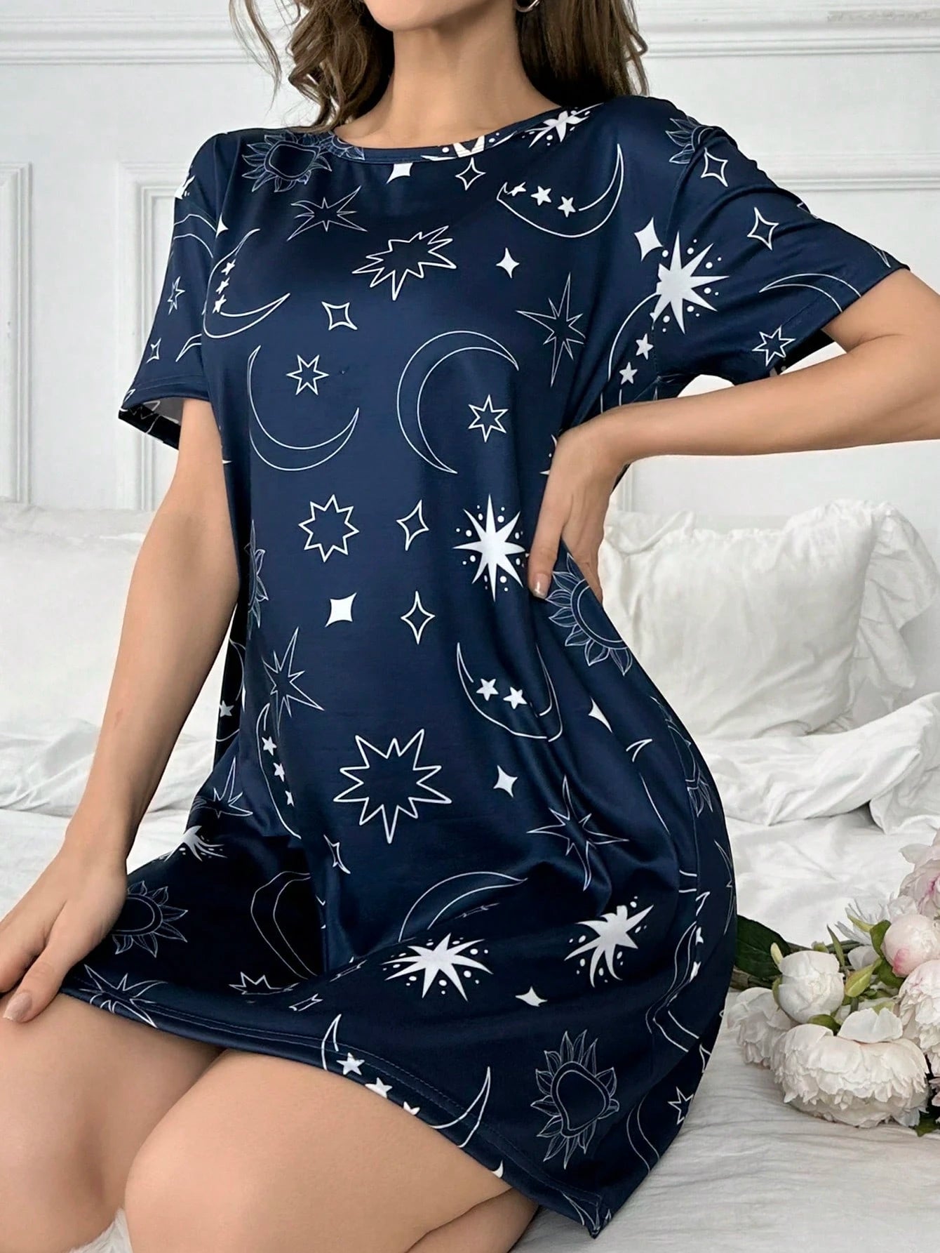 Camisola Feminina Confortável Manga Curta Estampa Céu Estrelado