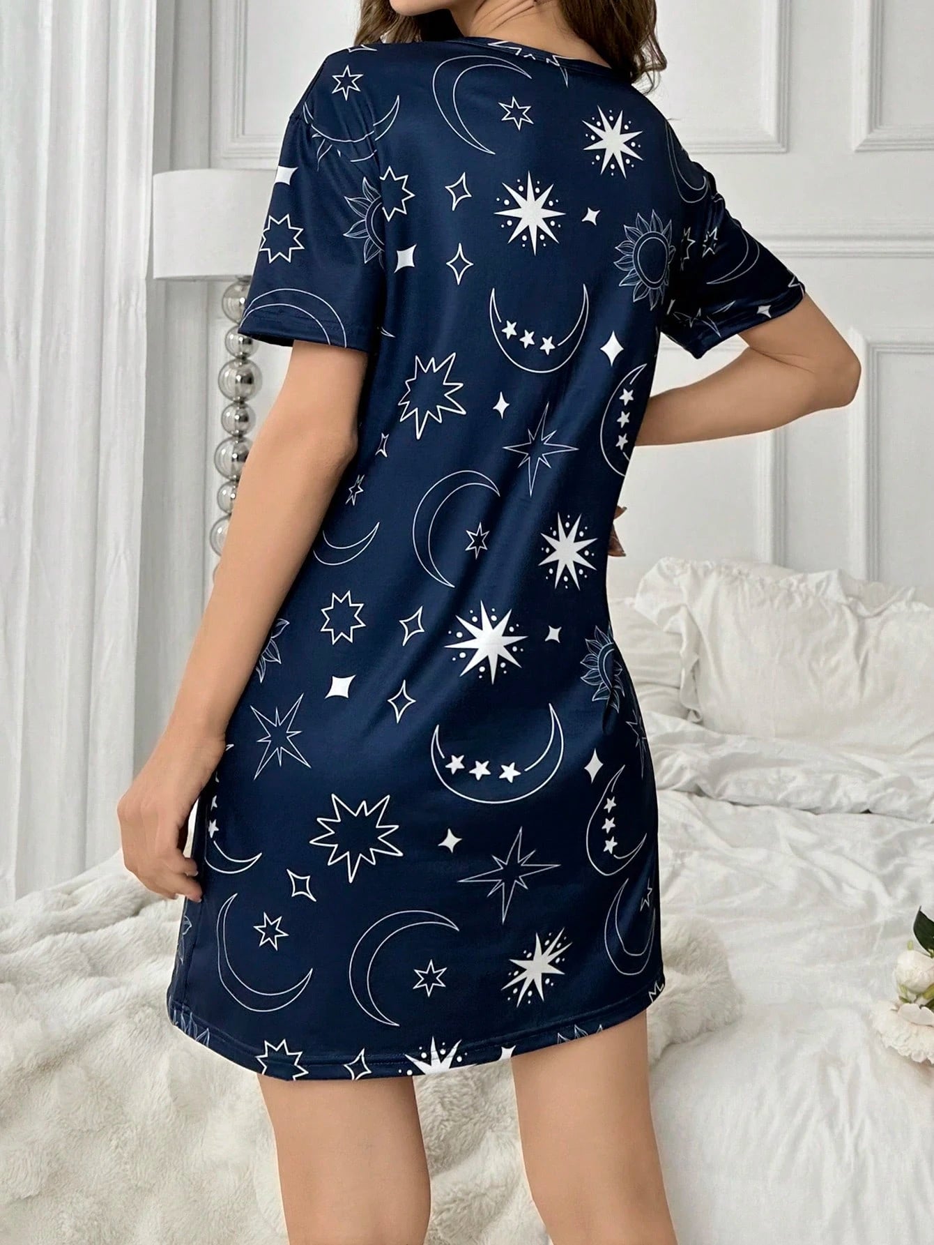 Camisola Feminina Confortável Manga Curta Estampa Céu Estrelado