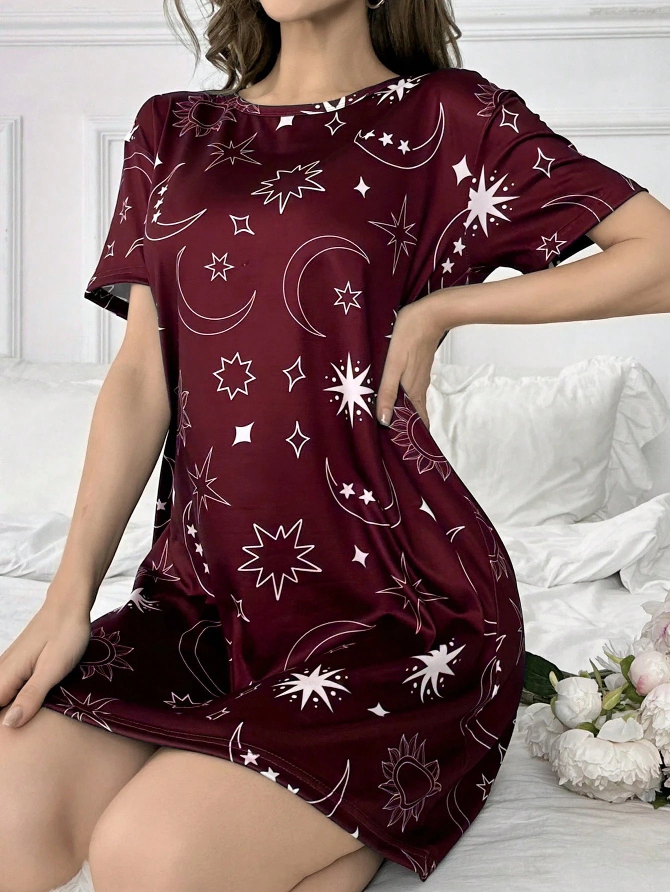 Camisola Feminina Confortável Manga Curta Estampa Céu Estrelado