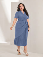 Vestido Midi Plus Size Elegante Decote V Plissado