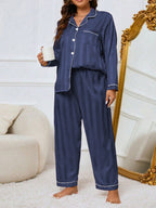 Pijama Plus Size Elegante Listrado Manga Comprida e Calça