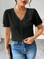 Blusa Jacquard com Decote em V, Tops de Manga Curta