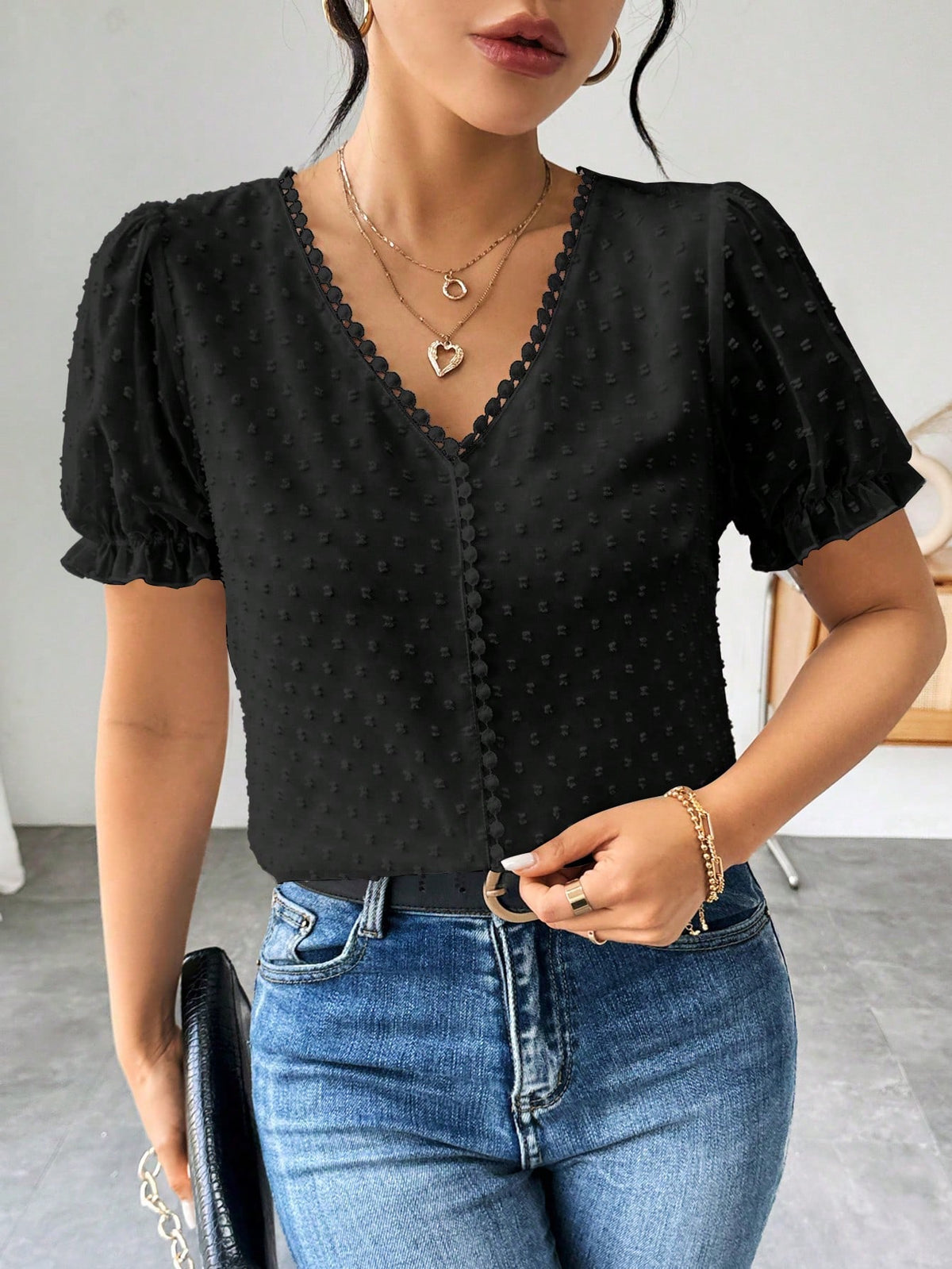 Blusa Jacquard com Decote em V, Tops de Manga Curta