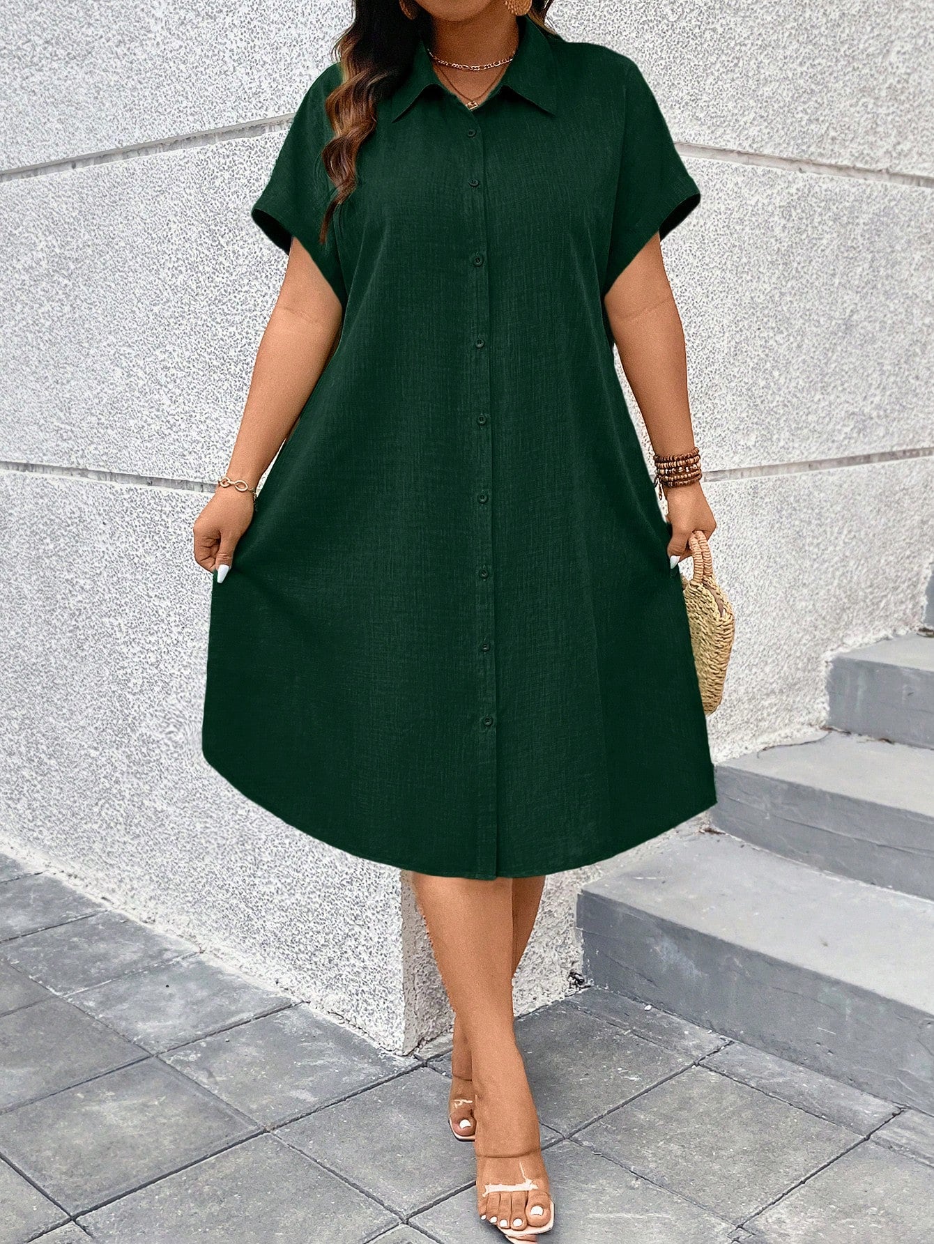 Vestido Midi Plus Size Estilo Camisa com Botões