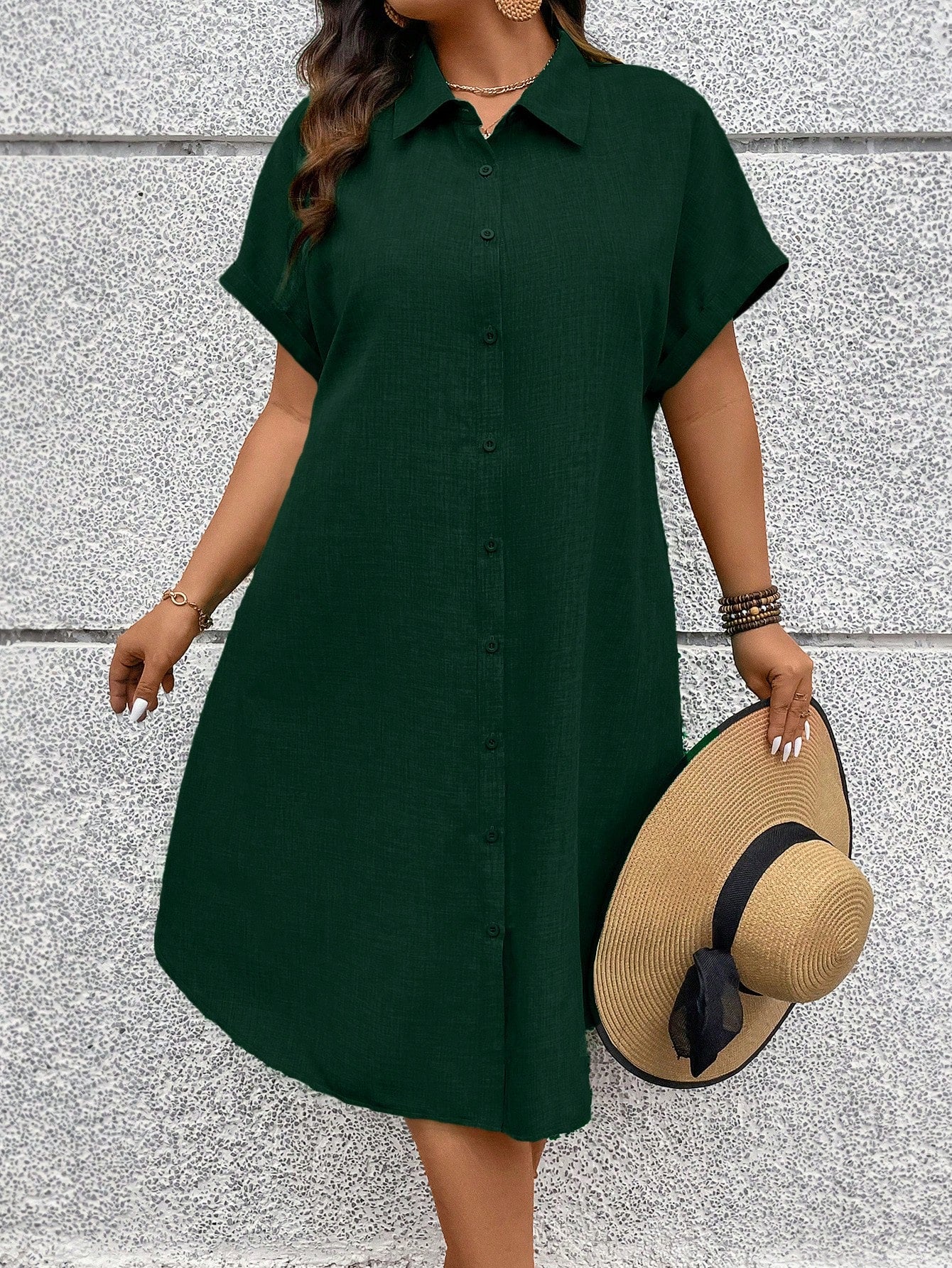 Vestido Midi Plus Size Estilo Camisa com Botões