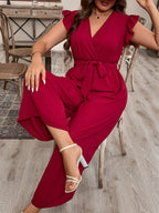 Macacão Feminino Plus Size Decote V Manga com Babado