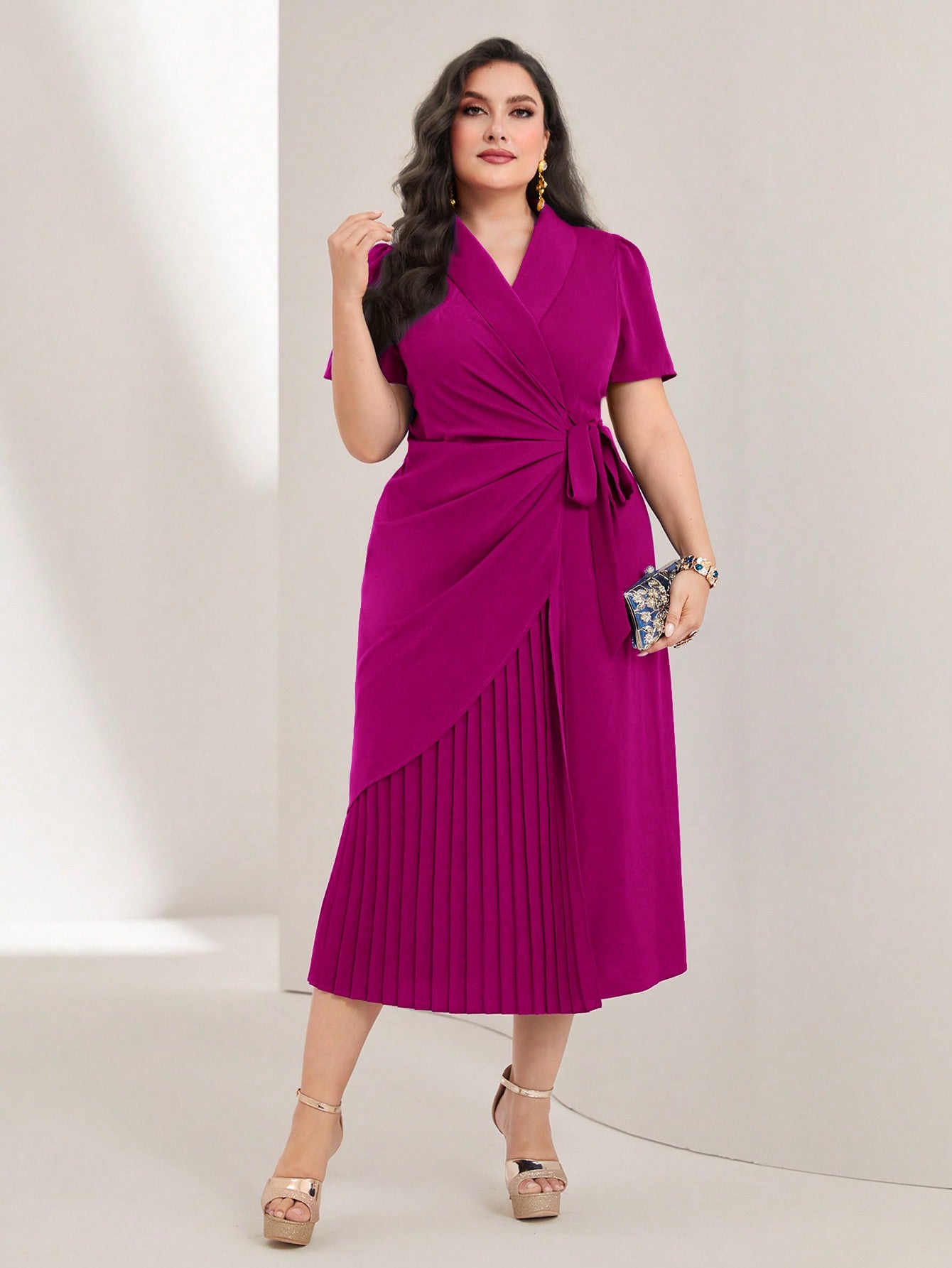 Vestido Midi Plus Vestido Longo Plissado Plus Size Vestido Longo