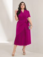 Vestido Midi Plus Size Elegante Decote V Plissado