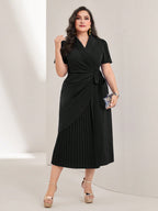 Vestido Midi Plus Size Elegante Decote V Plissado