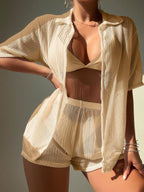Saída de Praia Conjunto Feminino Short e Camisa Tecido Vazado
