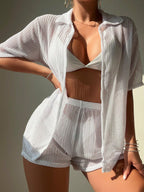 Saída de Praia Conjunto Feminino Short e Camisa Tecido Vazado
