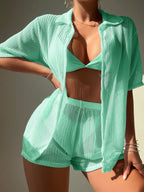 Saída de Praia Conjunto Feminino Short e Camisa Tecido Vazado