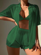 Saída de Praia Conjunto Feminino Short e Camisa Tecido Vazado