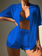 Saída de Praia Conjunto Feminino Short e Camisa Tecido Vazado