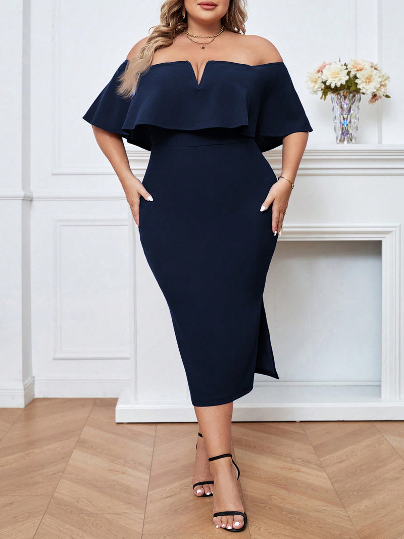 Vestido Midi Plus Size Minimalista Ombro de Fora