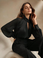 Camisa Manga Longa Elegante Feminina com Decote Tramado