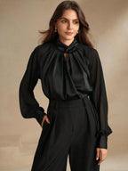 Camisa Manga Longa Elegante Feminina com Decote Tramado