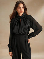 Camisa Manga Longa Elegante Feminina com Decote Tramado
