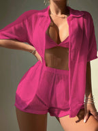 Saída de Praia Conjunto Feminino Short e Camisa Tecido Vazado