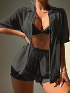 Saída de Praia Conjunto Feminino Short e Camisa Tecido Vazado